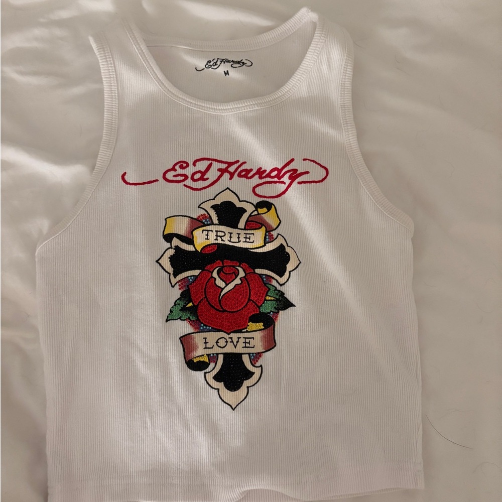 Ed Hardy White Tank Top with Red and Black Graphic